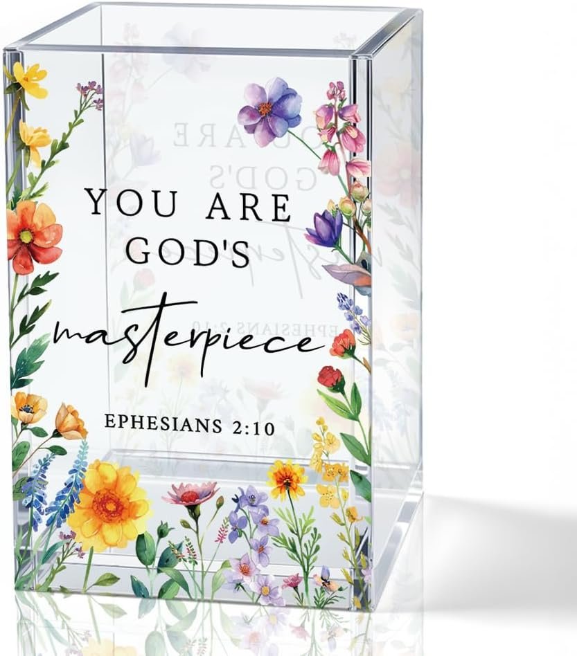 You Are God’s Masterpiece Acrylic Pencil Holder Cup, Floral Christian Pen Holder for Desk, Christian Gifts for Women Girls, Bible Verses Makeup Brush Organizer for Home Office Desk Accessories