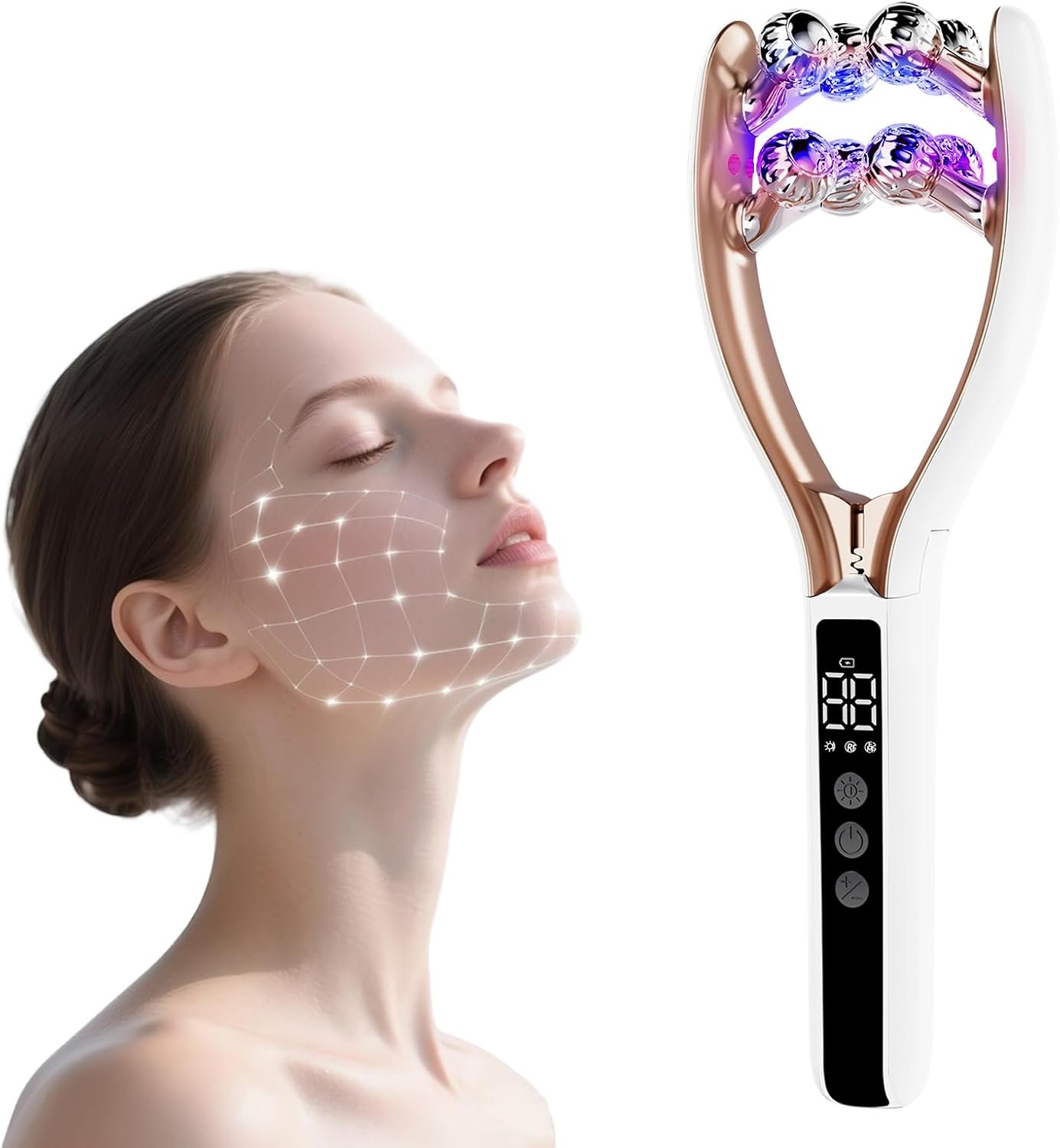 Microcurrent Facial Massager with LCD Screen, Electric Face Roller for Lifting & Toning, EMS Skin Tightening Device for Puffiness & Fine Lines, USB Rechargeable V-Shape Tool