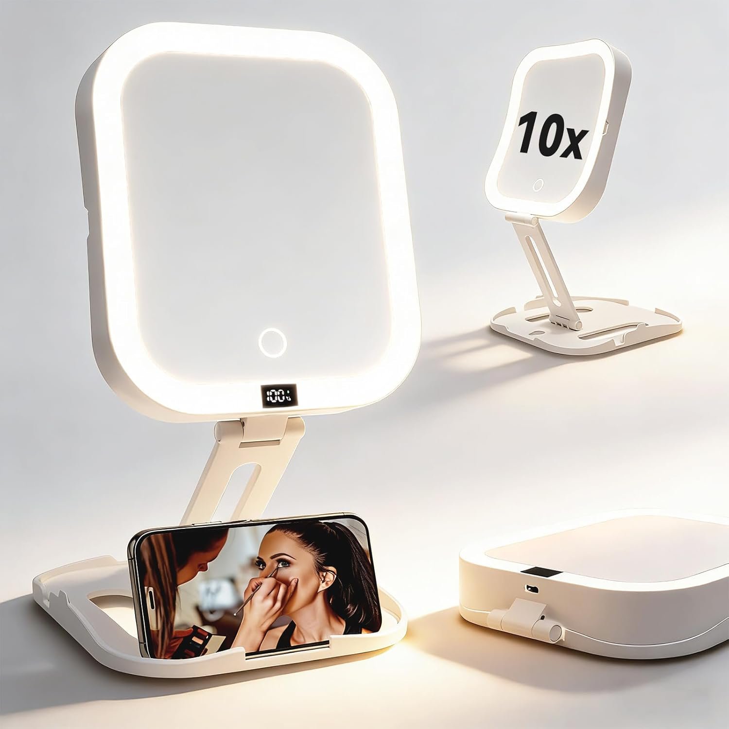 Makeup Mirror with Lights 10X/1X, Magnifying Mirror with 3 Color Modes & Stepless Dimming, Rechargeable Travel Mirror with Smart Battery Display & Touch Control, Type-C Portable Folding for Women Gift