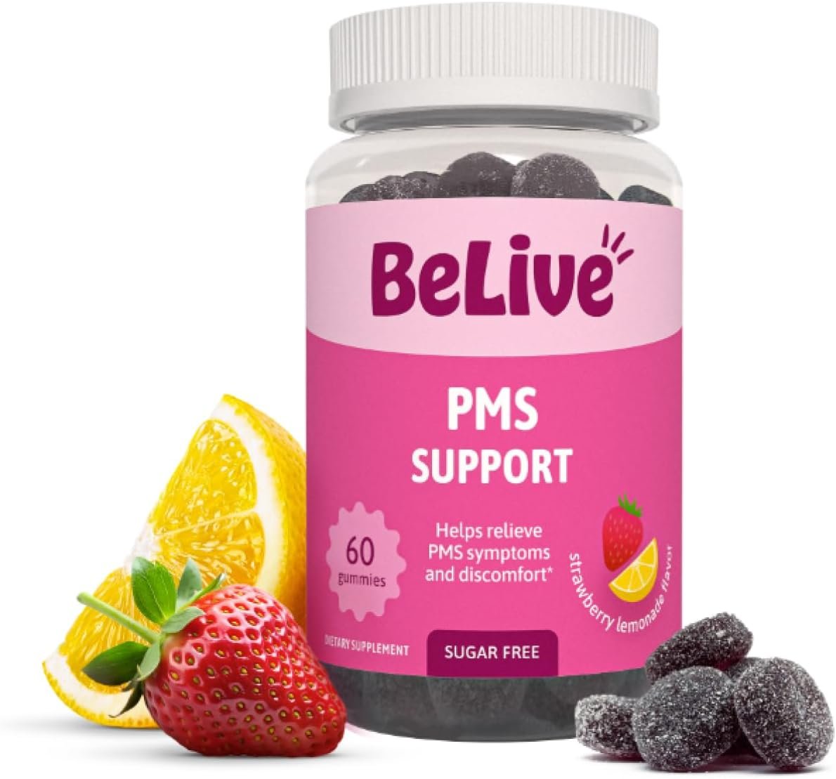 BeLive PMS Support Gummies Supplement – Alleviates Cramps, Bloating, Mood Swings, Hot Flashes & Night Sweats – Delicious Strawberry Lemonade Flavor – 60 Count