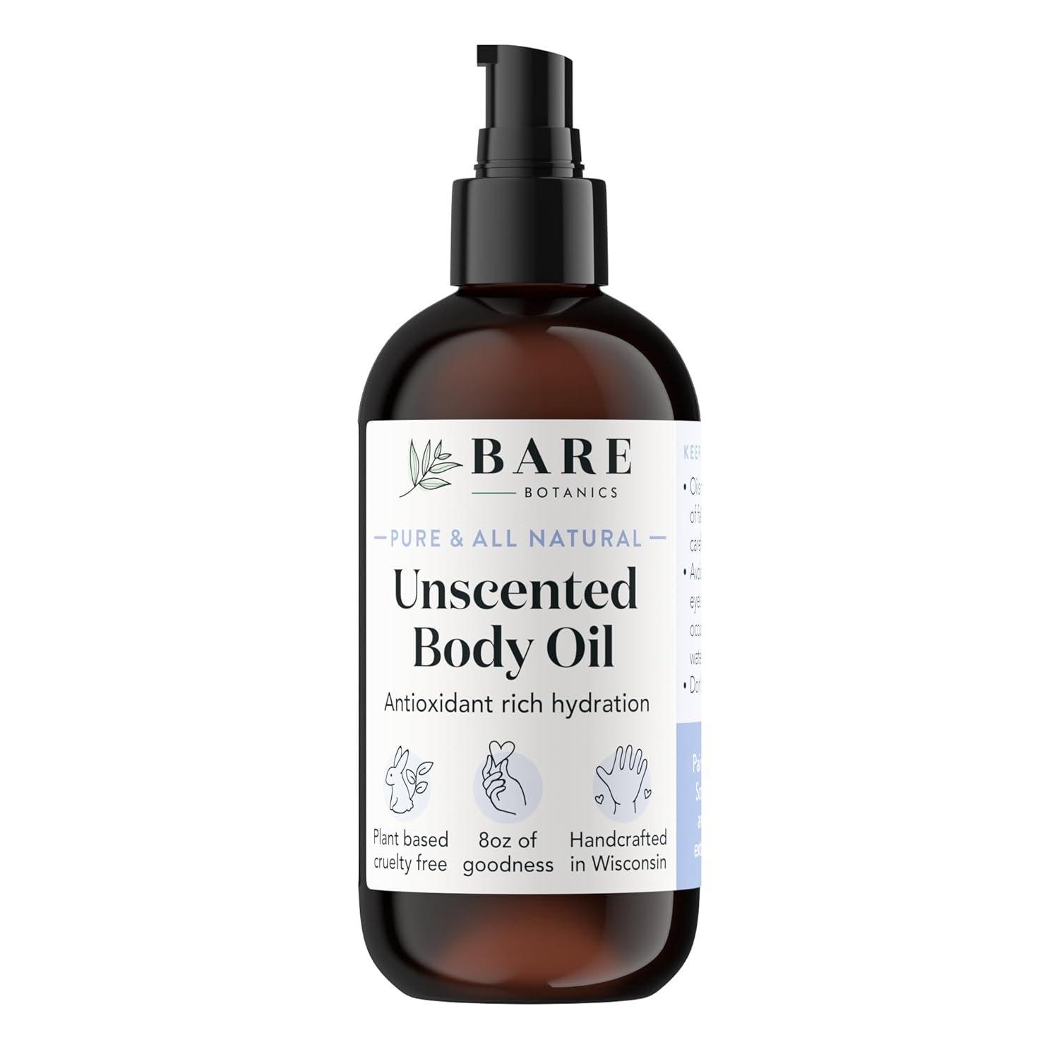 BARE BOTANICS 8 oz Moisturizing Unscented Body Oil – 100% Pure & Natural for Skin & Nails – Perfect for Moisturization – Vegan, Cruelty Free & Naturally Scented Hair Oil