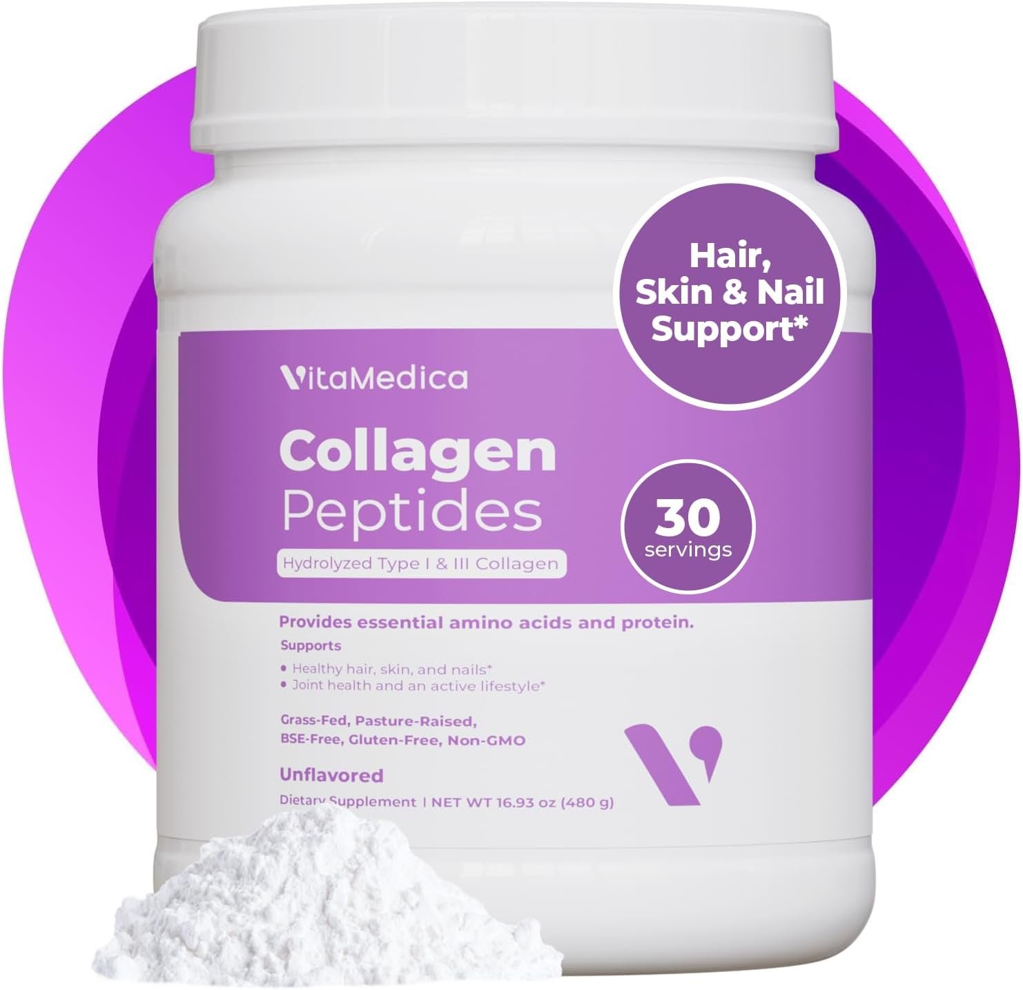VitaMedica Collagen Peptides Powder for Women & Men – Healthy Hair, Skin, Nails, Bones and Joints – Hydrolyzed Types I & III, Grass-Fed, Pasture-Raised Protein, Zero Sugar – 30 Servings