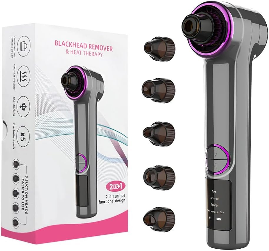 Blackhead Remover Pore Vacuum with Heating Function, Electric Comedone Extractor with 3 Suction Levels & 9 Modes, for Deep Pore Cleansing on Nose and Face with 5 Interchangeable Heads