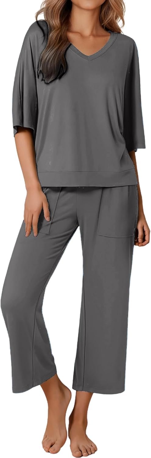 Ekouaer Womens Pajama Sets Lounge Sets for Women Two Piece Outfits Short Sleeve Tops and Wide Leg Pants with Large Pockets