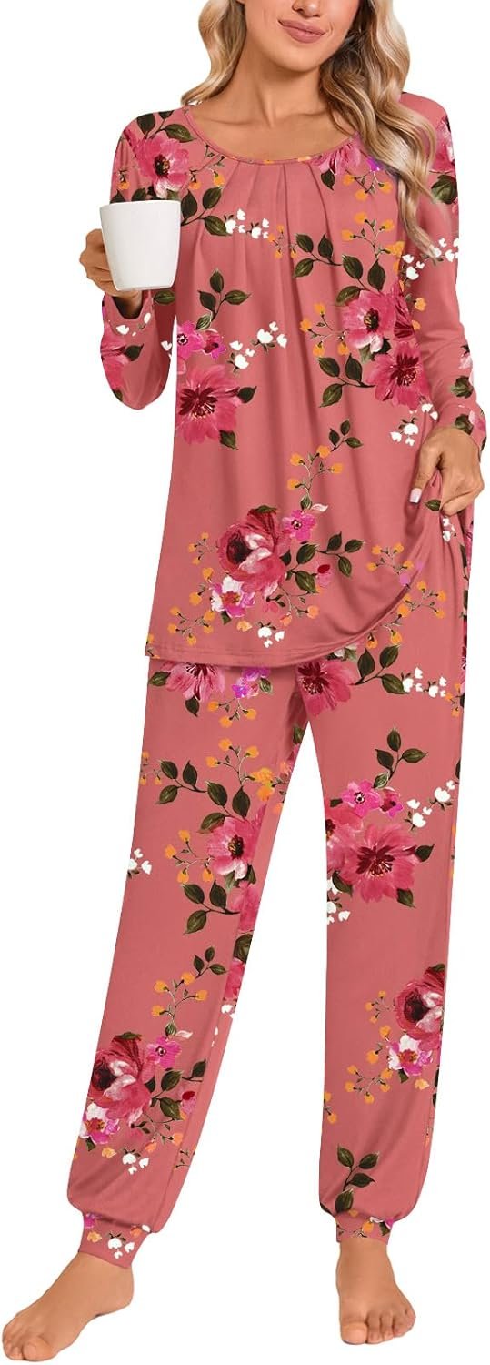 Anymeet Womens Pajama Sets Fall Winter Long Sleeve 2 Piece Sleepwear Soft Lounge Outfits with Pockets