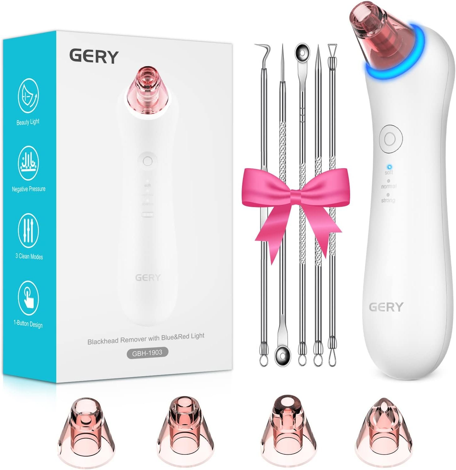 GERY Blackhead Remover Vacuum Pore, Black Head Remover for Face Pimple Skin Cleaner Tools Kit, Electric Comedone Facial Whitehead Extractor with Red & Blue Light, 3 Suction Levels 4 Probes