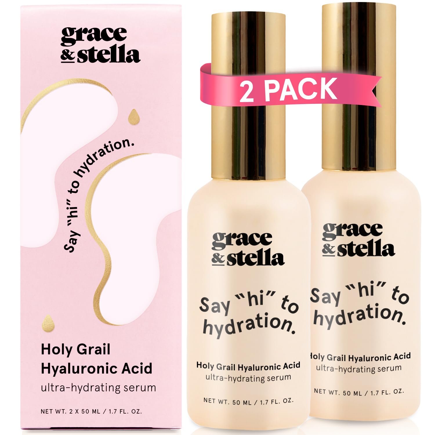 grace & stella Award Winning Hyaluronic Acid Face Serum (50ml/1.7 fl oz) Removes Fine Lines & Wrinkles, Hydrating Hyaluronic Acid Serum for Face, Acido Hialuronico for Women – Vegan Skincare (2-Pack)