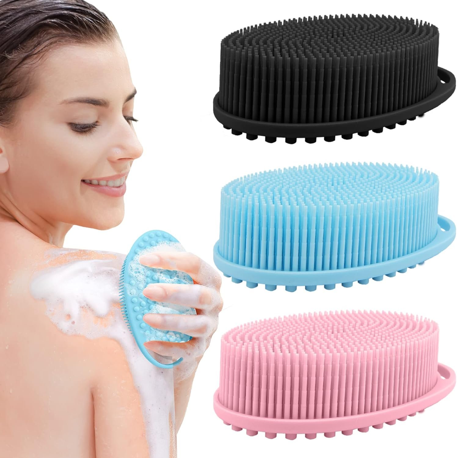 PQRUU 3 Pack Silicone Body Scrubber, Exfoliating Soft Loofah Bath Body Scrubbers for Use in Shower, Exfoliating Body Scrubber Fit for All Kinds of Skin, Rapid Foaming Black+Blue+Pink