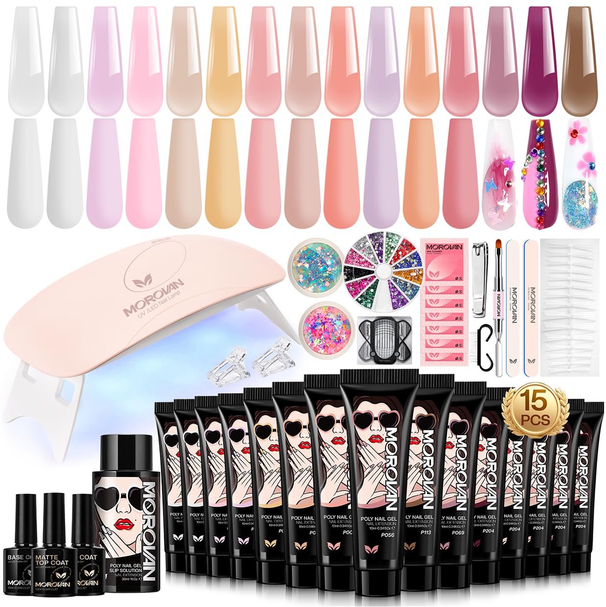 Poly Gel Nail Kit for Beginners: 15 Colors Gel Extension Nail Kit with U V Light for Starters with Everything DIY Nail Art Design at Home Christmas Gift for Women Girls