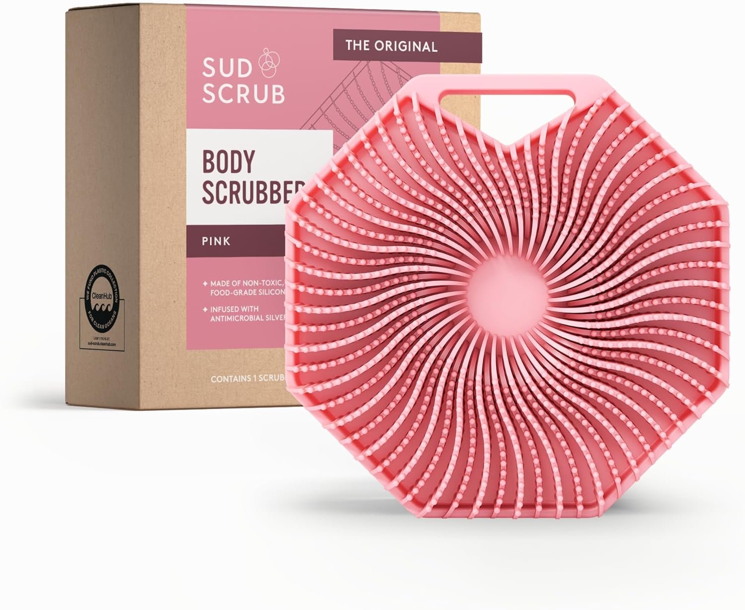 Sud Scrub® Antimicrobial Silicone Body Scrubber, Exfoliating Body Brush for Sensitive Skin, Antibacterial Shower Scrubber for Body, Bathroom Essentials for Men & Women, Pink