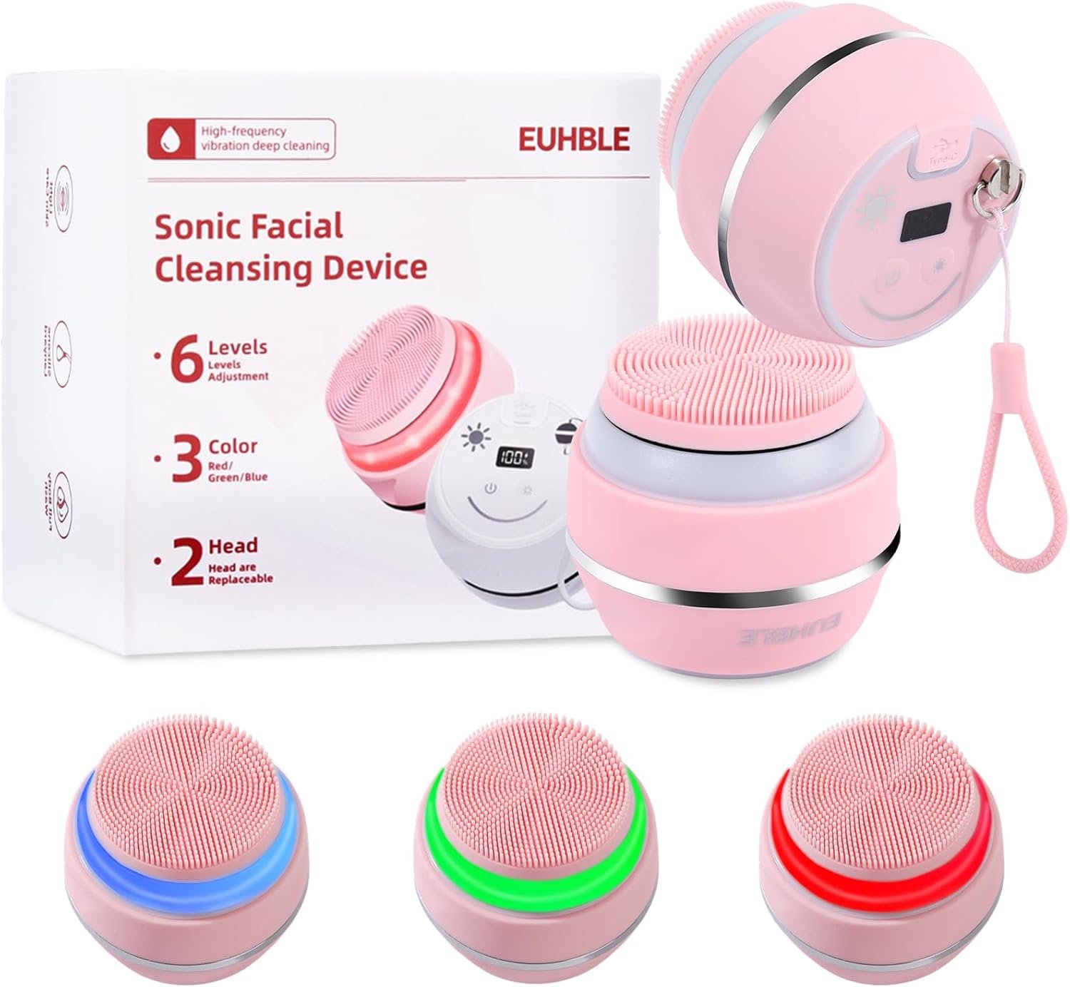 Electric Facial Cleaner with 6 Modes & 3 Light Effects, Rechargeable Waterproof Face Scrubber for Women and Men, Includes Extra Brush Head, Easy-Clean Hanging Design (Pink)