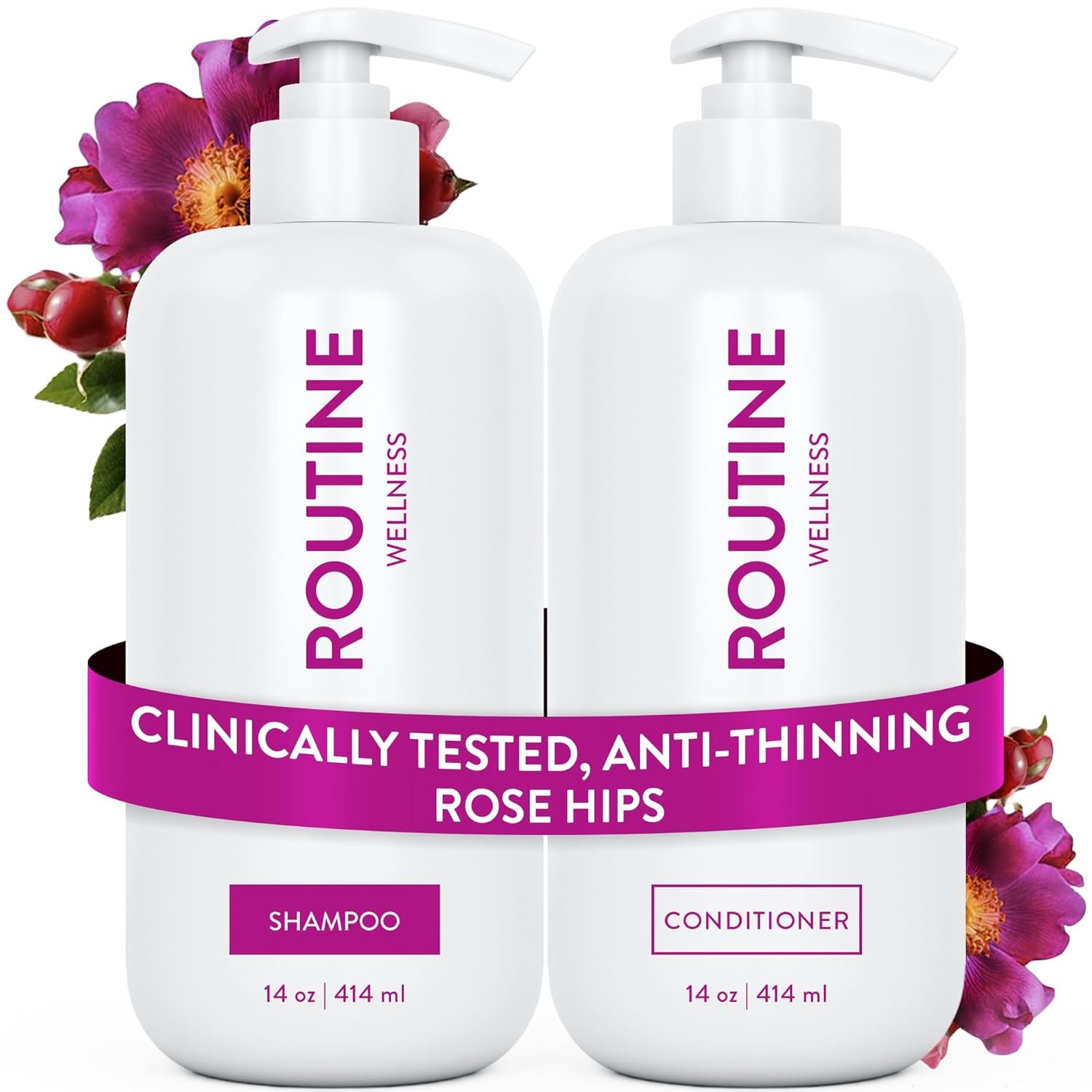 Routine Wellness Anti-Thinning Shampoo and Conditioner Set for Thinning Hair – Biotin DHT Blocker Women & Men – Color Safe Shampoo for Hair Loss & Healthier Hair – Rose Hips Set