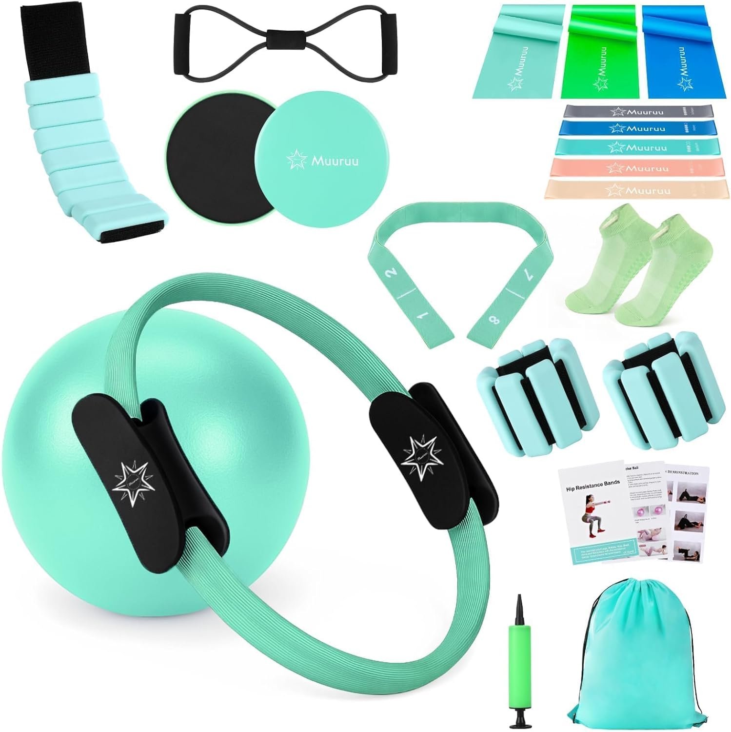 Pilates Equipment Kit for Home Workout, Pilates Ring and Ball Set for Women, 14” Magic Circle Essentials Accessories Kit, Wrist Weights, Resistance Bands, Yoga Strap, Socks, Bag