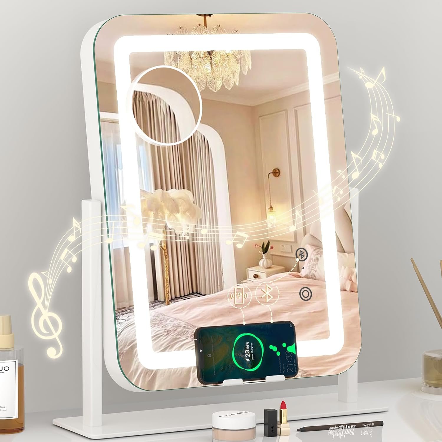 Dripex 5-in-1 Lighted Vanity Mirror with Bluetooth Speaker & Wireless Charging, 15″x12″ LED Makeup Mirror with Lights 3 Colors Dimmable, Phone Holder Touch Keys 10X Magnification