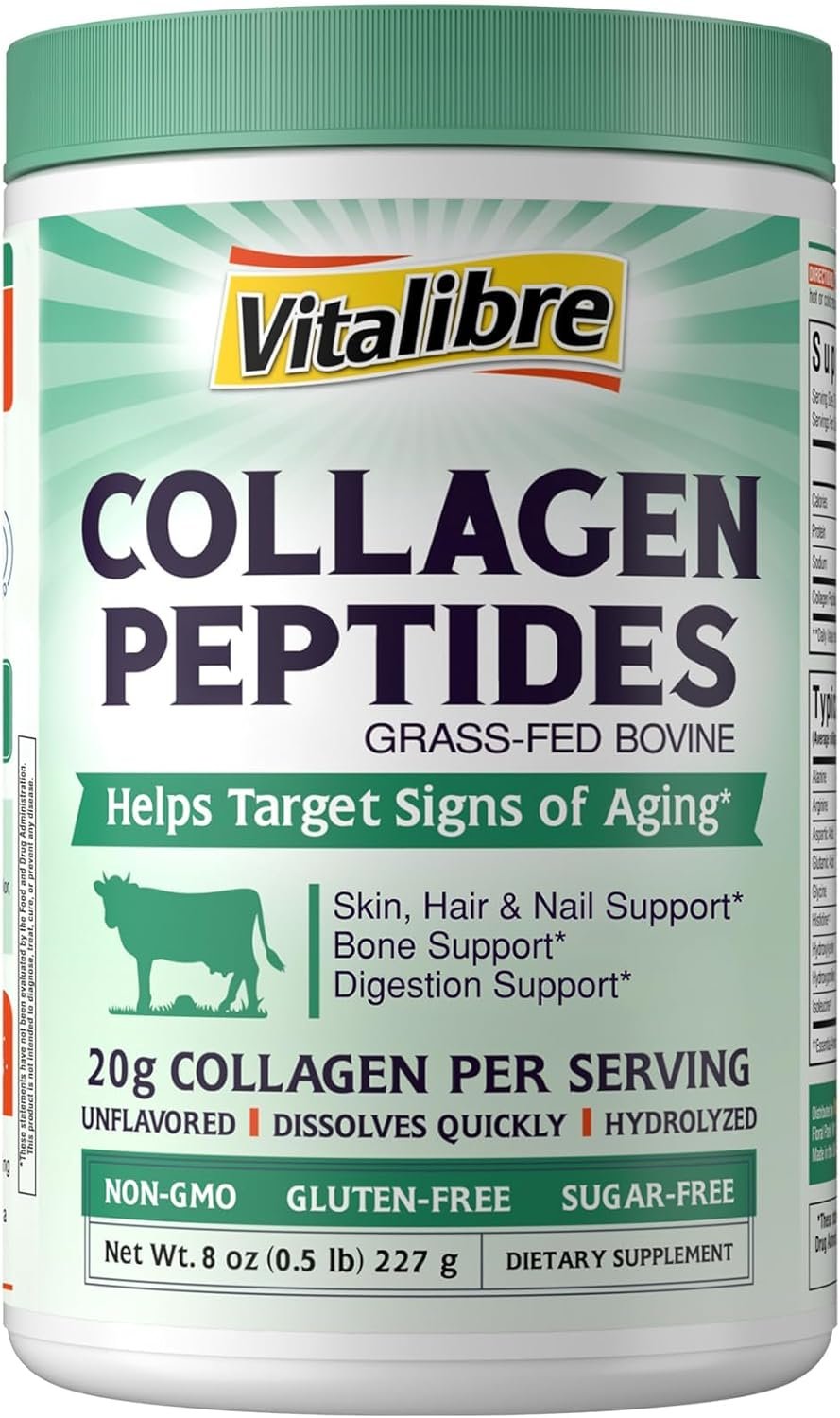 Vitalibre Bovine Collagen Peptides Powder for Women and Men, Grass-Fed Hydrolyzed Collagen Protein Type I & III, Skin, Hair, Nails, Bones, Digestion, Unflavored, Non-GMO, Keto & GF, 11 Servings, 8oz