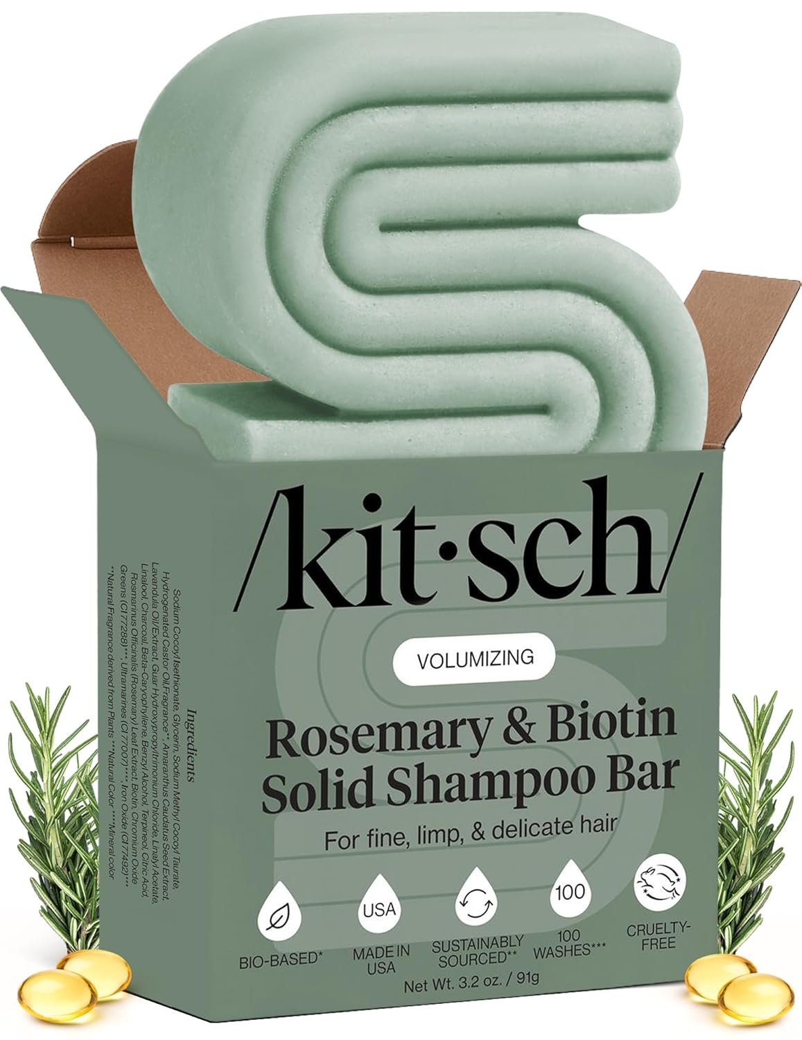 Kitsch Rosemary & Biotin Shampoo Bar – For Hair Growth, Strengthening, Thickening & Volumizing Shampoo for Women and Men – Free of Parabens, Sulfates & Silicones – Made in USA, 3.2 oz