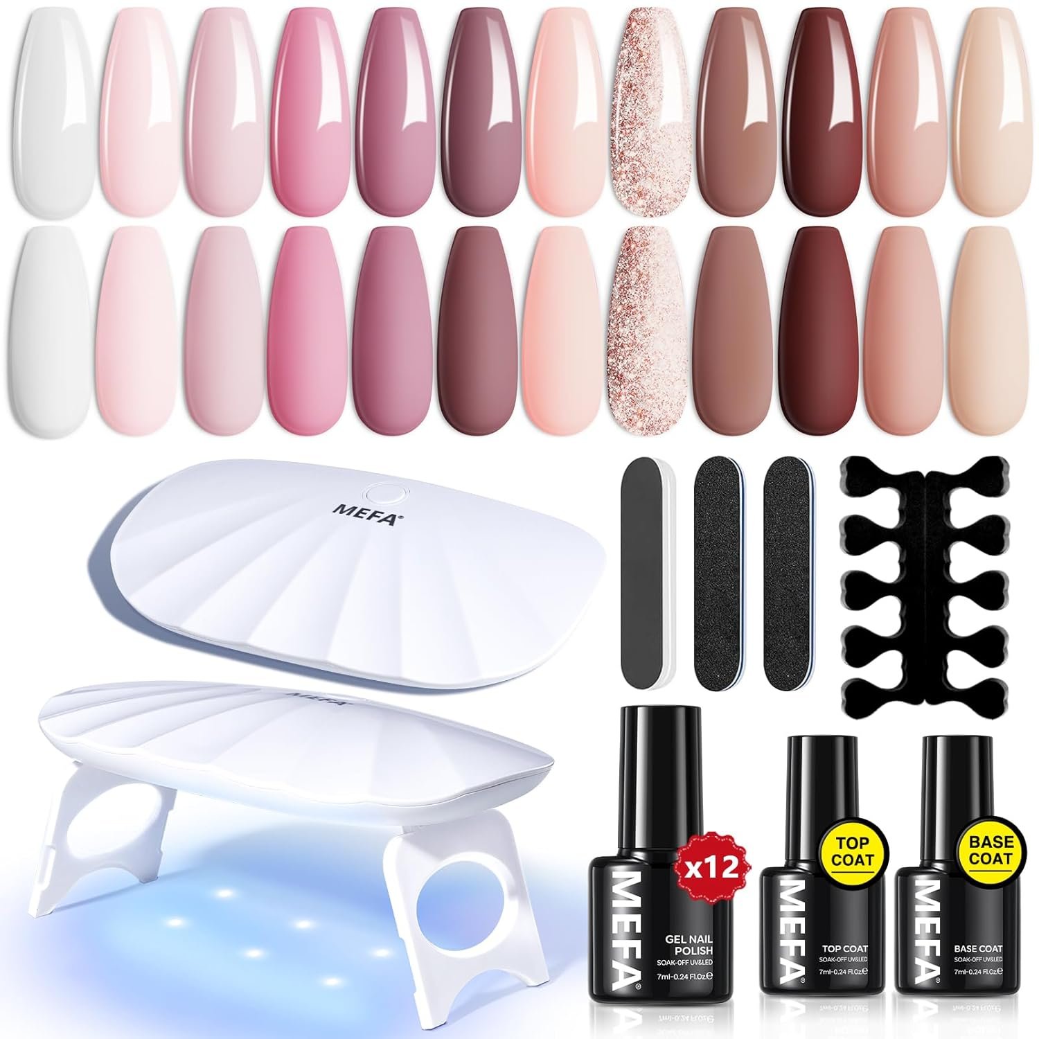 MEFA 19 Pcs Gel Nail Polish Kit with U V Light, 12 Colors All Seasons Nude Pink Milky White Soak Off Gel Polish Nail Set with Base Top Coat Essential Manicure Tools Beginners Salon Nails DIY Art
