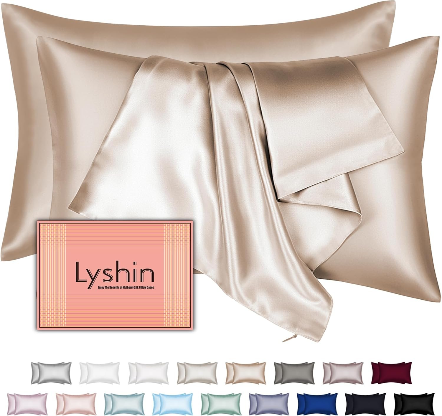 Silk Pillow Cases 2 Pack Standard Size with Hidden Zipper, Mulberry Silk Pillowcase for Hair and Skin, Smooth and Soft Breathable Cooling Silk Satin Pillowcase Set of 2, Gifts for Women，Champagne