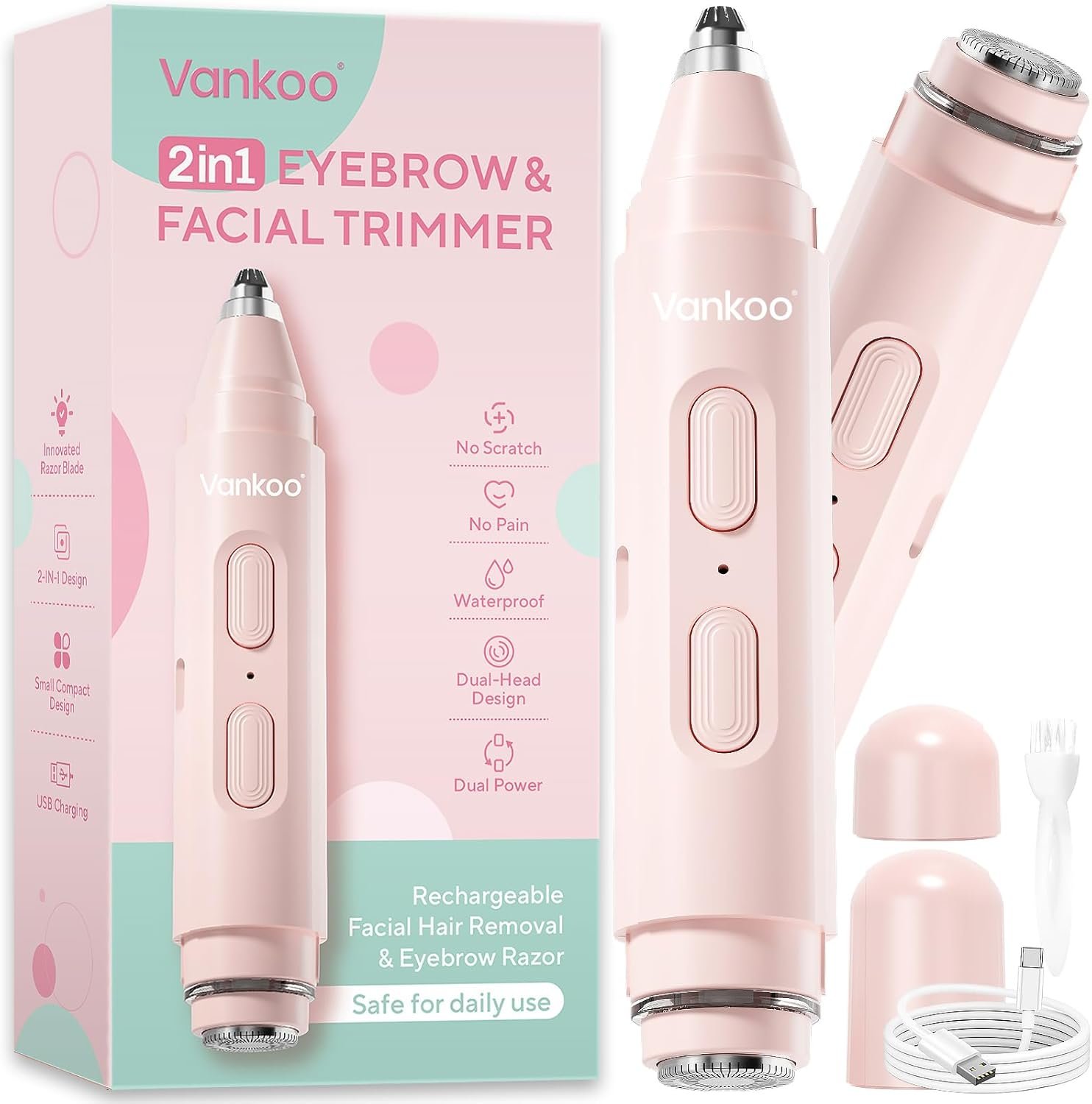 Facial Hair Remover & Eyebrow Trimmer – 2 in 1 Eyebrow & Face Shaver for Women – Rechargeable Face Razors for Women with Built-in LED Lights – Painless Hair Removal for Flawless Skin & Makeup
