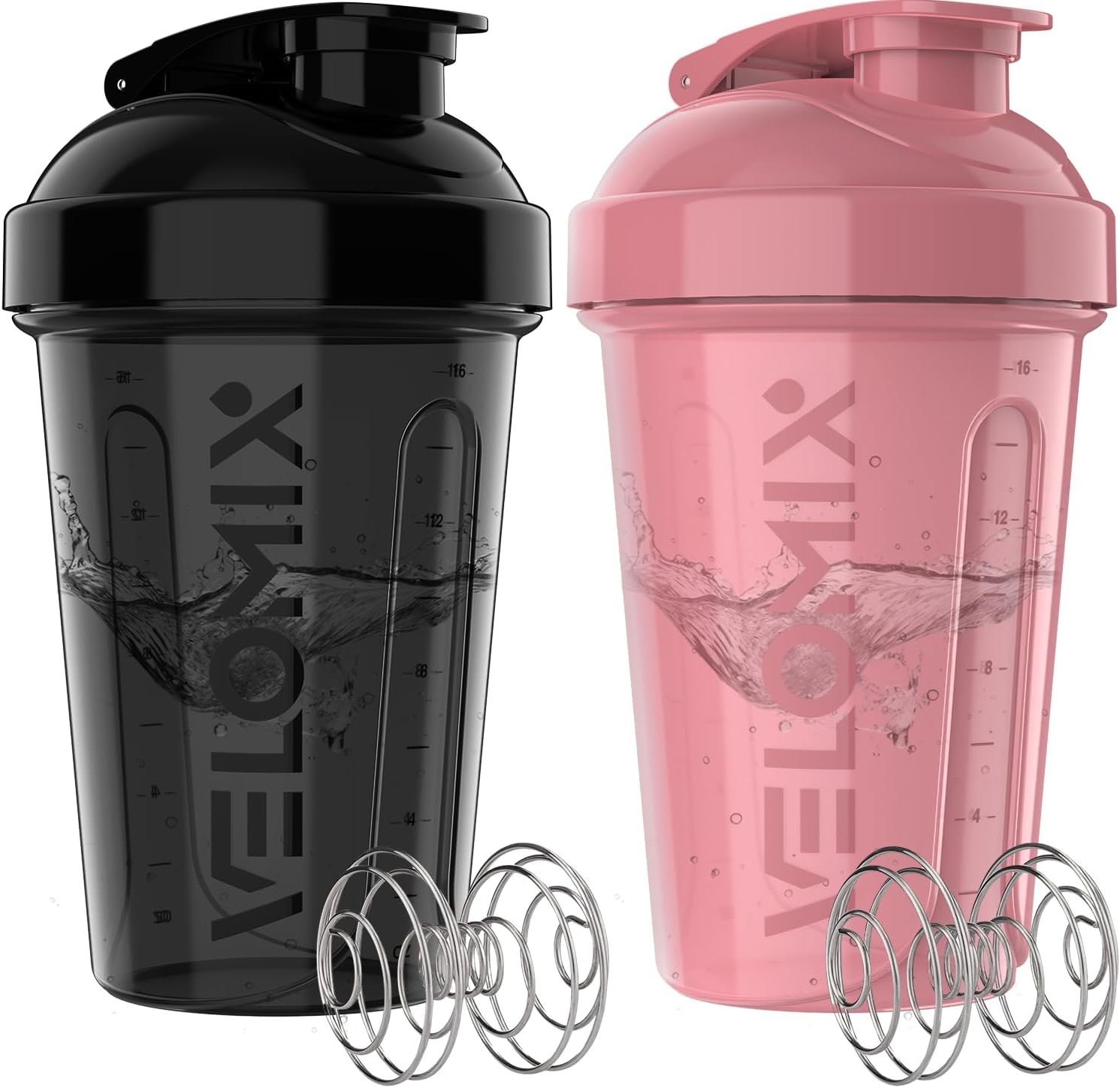 VELOMIX -2 Pack- 20 oz Protein Shaker Bottles for Protein Mixes – 2x Wire Whisk | Leak Proof Shaker Cups for Protein Shakes and Pre Workout | Protein Shaker Bottle Pack (A7) Pink/Black