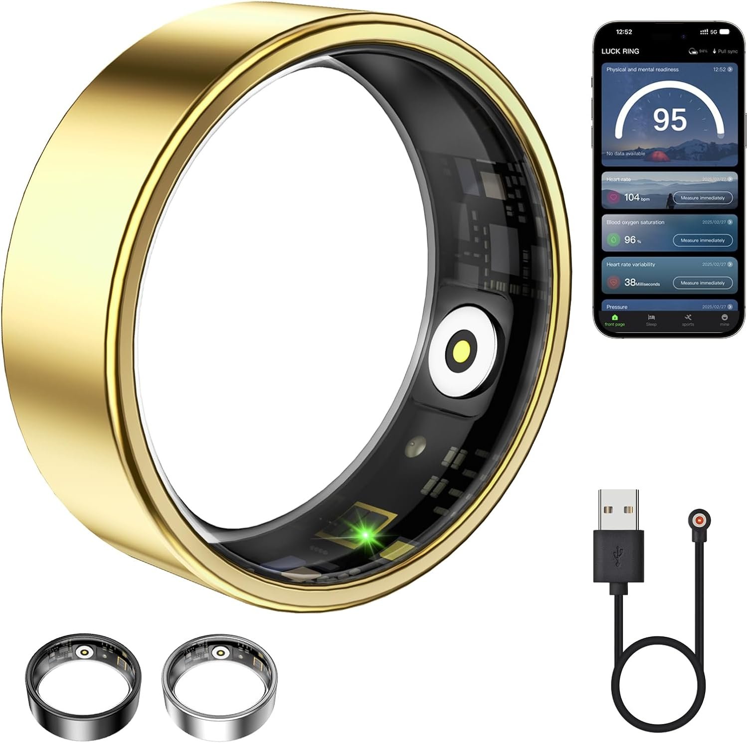 Smart Ring for Women & Men, Fitness Tracker with Heart Rate, Blood Oxygen, Sleep Monitoring, Long-Lasting Battery, IP68 Waterproof (Gold, 6)