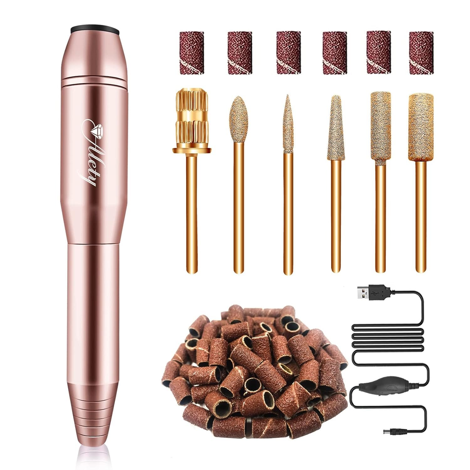 Alety Electric Nail Drill Kit – Portable File for Acrylic Gel Nails, Professional Machine Efile Manicure Pedicure Tools With Gold Drill Bits for Home Salon Use