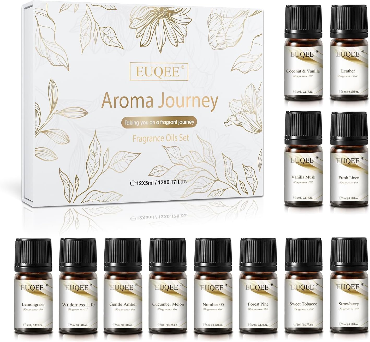 EUQEE 12 Pcs Fragrance Oils Set, Essential Oil for Diffuser, Humidifier, DIY Candle Making, Travel-Friendly, Room Freshener Gifts for Women and Men(12x5ML)