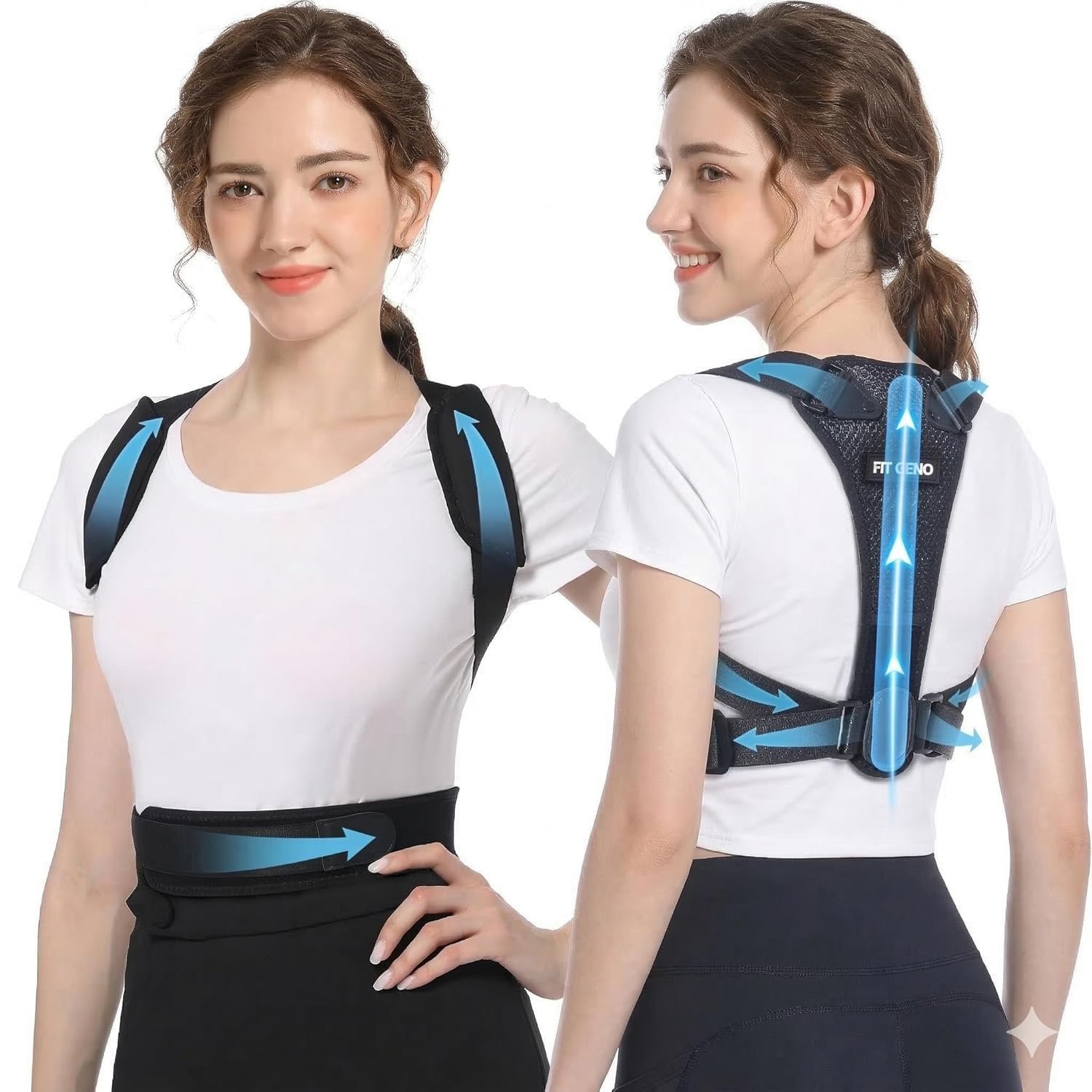 Fit Geno Posture Corrector for Petite Women and Men: Adjustable Upper Back Brace – Improve Posture Correct Hunchback Slouching Invisible Under Clothes (Medium)