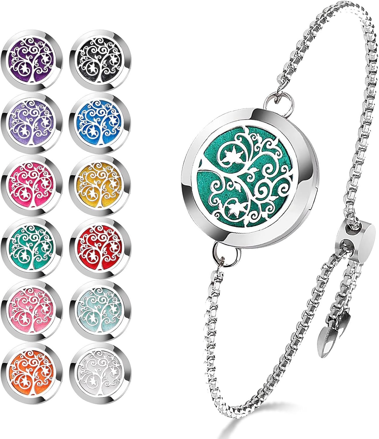 ttstar Essential Oil Diffuser Bracelet Stainless Steel Aromatherapy Locket Adjustable Diffuser Bracelet with 24pcs Refill Pads in 12 Assorted Colors Gift Set for Women(Tree of Hope)