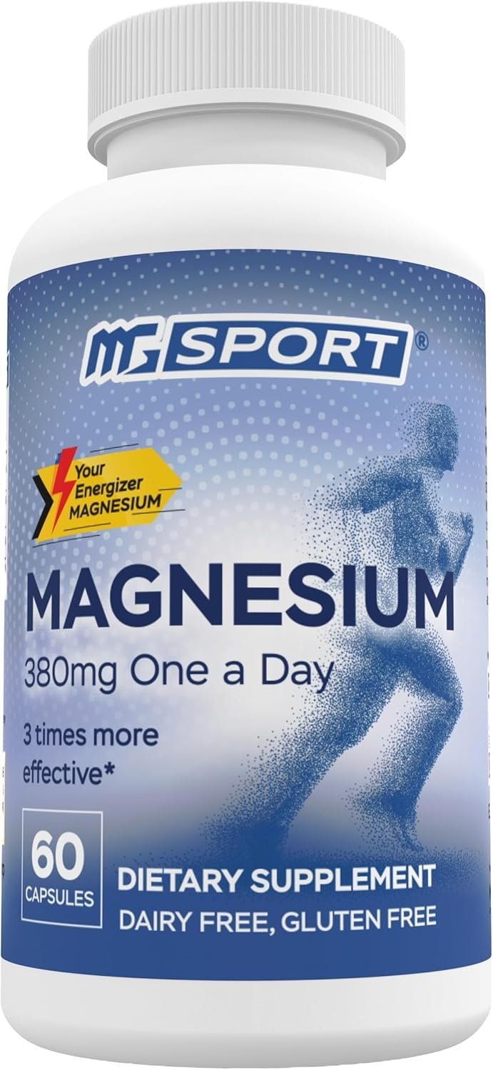 MGSPORT Magnesium Supplement 380mg – High Absorption Magnesium Complex Formula with Vitamins B6, D, E – Supports Muscle Function and Sleep Quality – 60 Servings