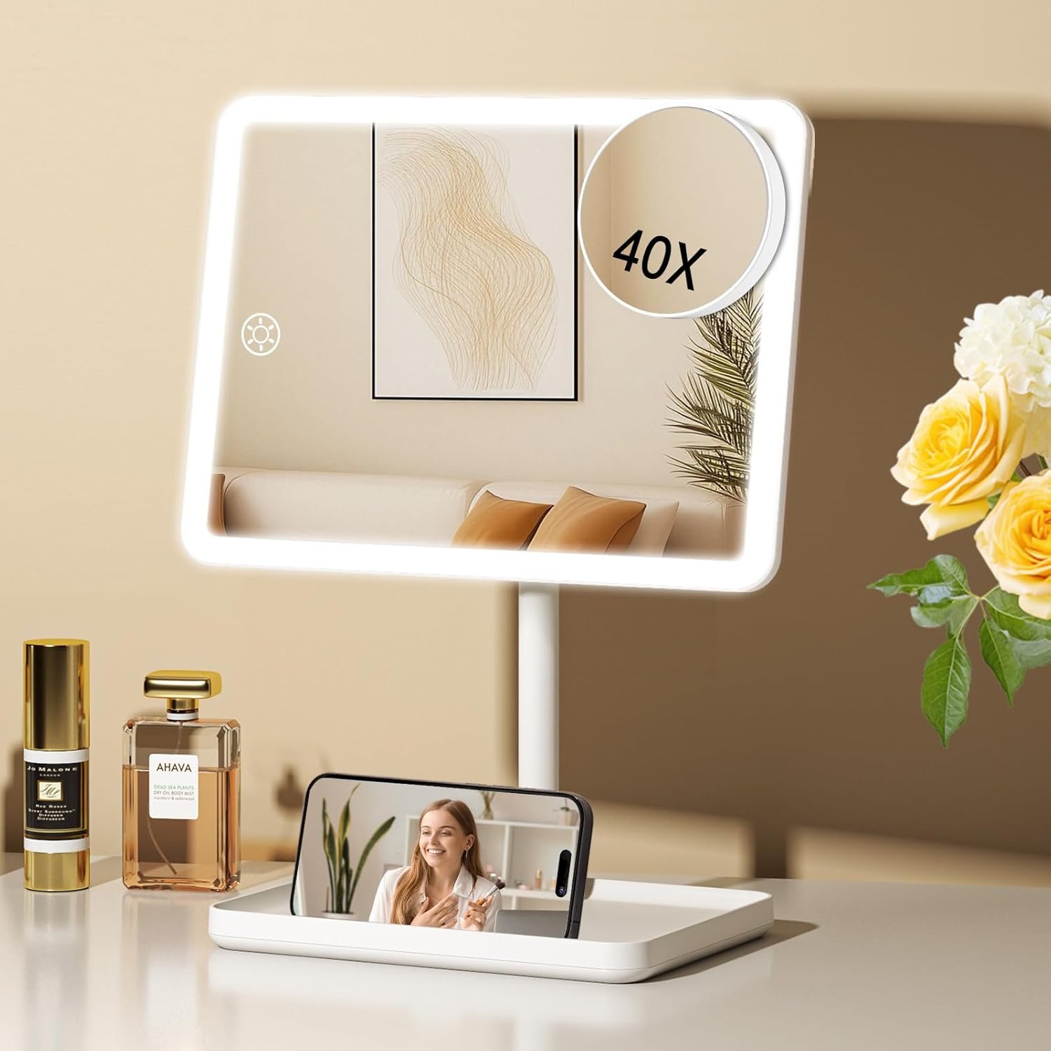 FUNTOUCH Vanity Mirror with Lights, Rechargeable Makeup Mirror with Lights,Smart Touch with 3-Color Lighting, Dimmable, Detachable 40X Magnification for Vanity Desk Tabletop,White