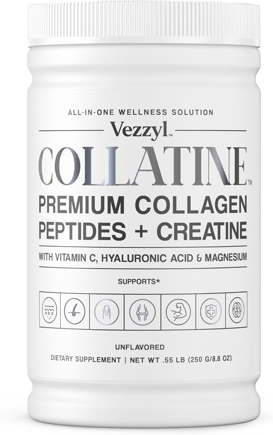 Collatine – Premium Collagen Peptides + Creatine with Vitamin C, Hyaluronic Acid and Magnesium for Skin, Hair, Nails, Bone & Joint, Muscle, Immune and Cognitive Aid (.55 LB (250 G/8.8 OZ)