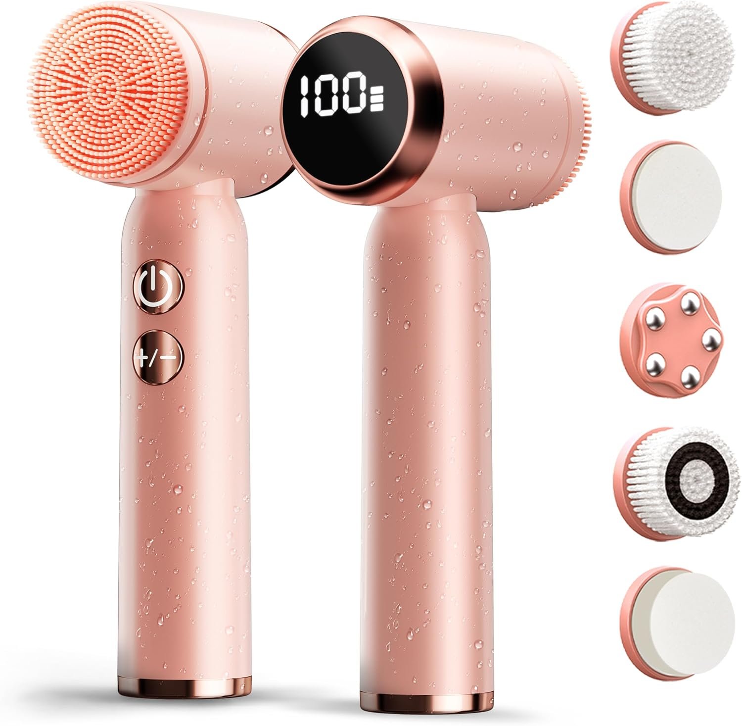 Electric Face Scrubber with Led Display & Facial Cleansing Brush – 6-in-1 Exfoliating Kit, 3 Speeds, IPX6 Waterproof Face Brush for Deep Cleaning, Massage & Gentle Exfoliation-Pink