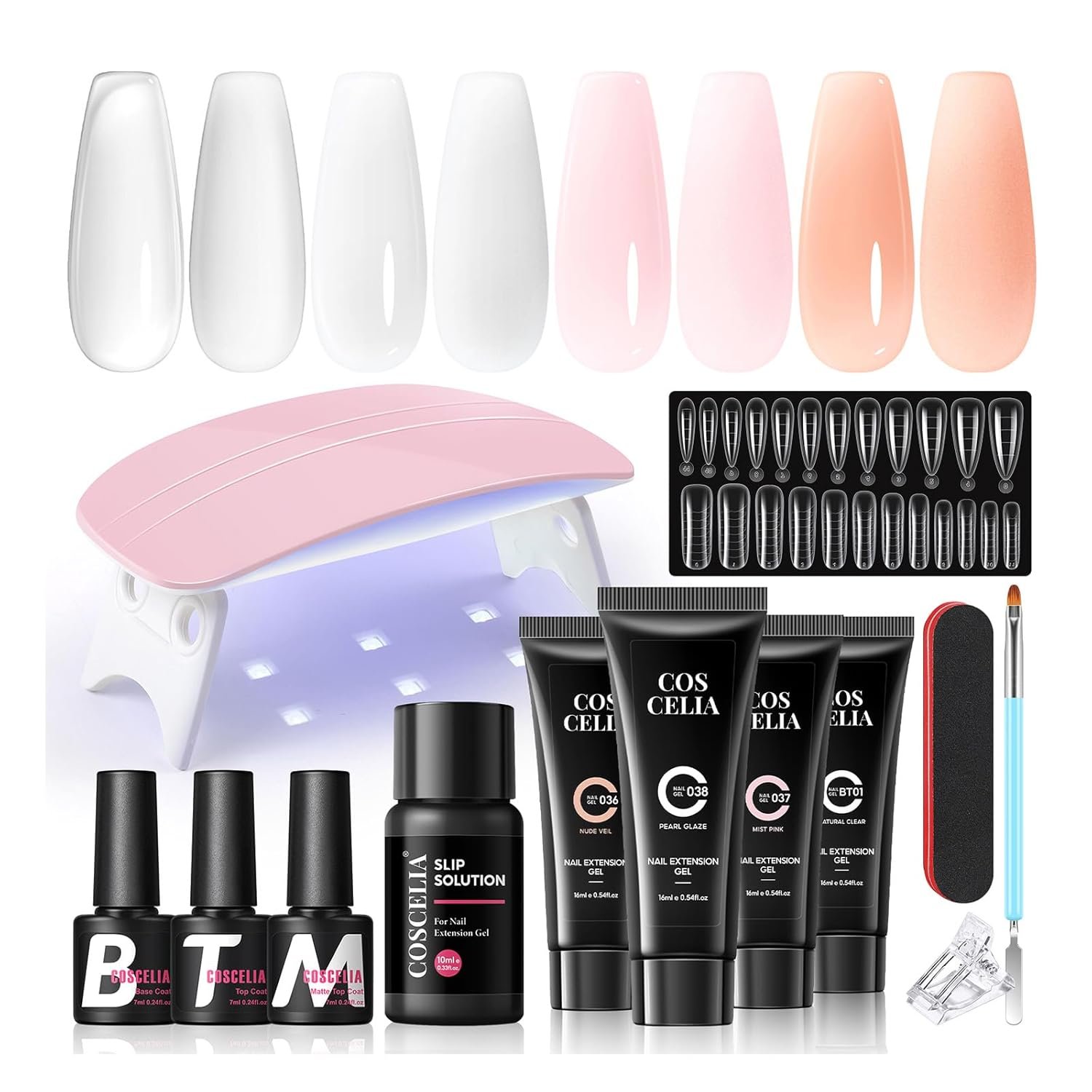 Coscelia Poly Nail Extension Kit with U V Light 4PC 16ML Poly Nail Gel with U V Lamp Clear Pink White Orange Colors Quick Building Nail Art Nail Extension Gel Kit DIY