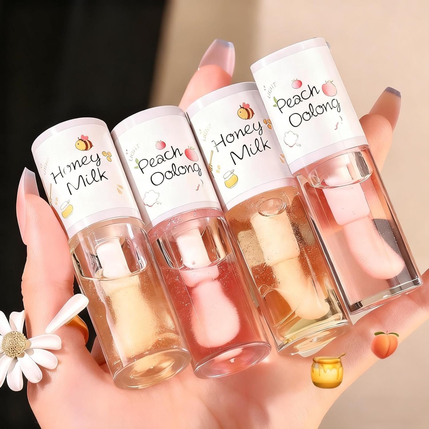 4PCS Tinted Hydrating Lip Oil Set,Clear Lip Gloss,Honey Lip Oil,Plump Flavoring Oil Long Lasting Nourishing for Women Girls (Lip Gloss, 4Pcs)