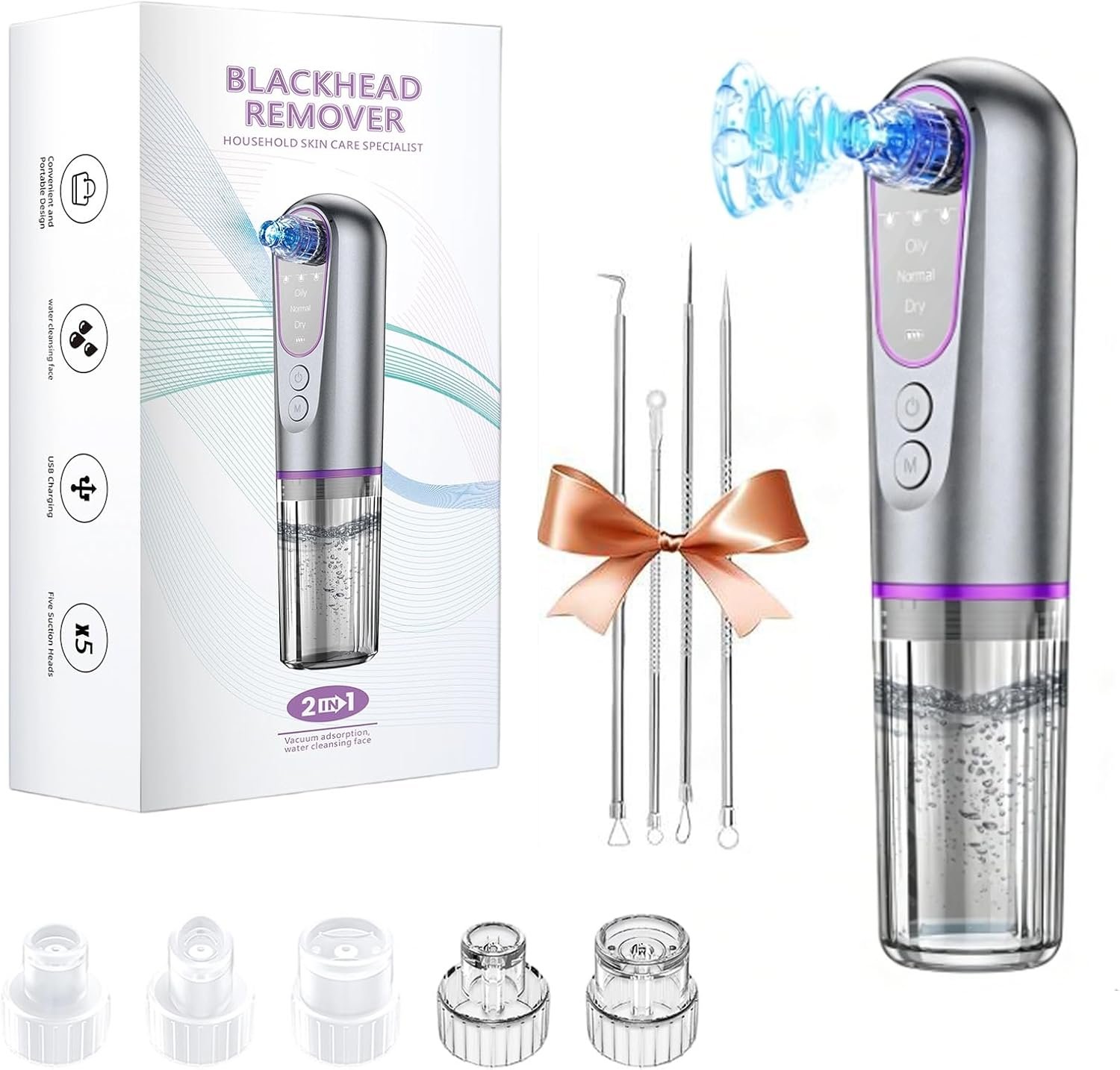 Blackhead Remover Suction Pore with Pore Vacuum Blackhead Remover Kit，5 Suction Heads & USB Charging Cable,Pimple Extractor,Pore Cleaner Machine for Facial Pore Cleansing for Women & Men