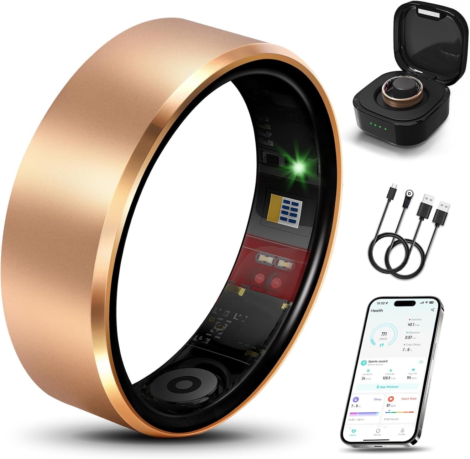 Smart Health Ring 2.0 for Women Men, Slim Scratch & Fingerprint Resistant Design, Efficient Chip Fitness Tracker, Monitors Heart, Blood Oxygen & Pressure, Rose Gold 8#