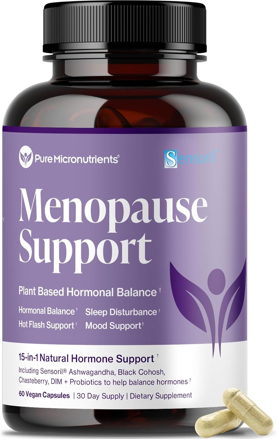 Menopause Supplements for Women – Natural Hormone Balance – Hot Flashes, Night Sweats, Sleep & Mood Support. with Sensoril® Ashwagandha, DIM, Chaste Berry & Black Cohosh Root – 60 Count