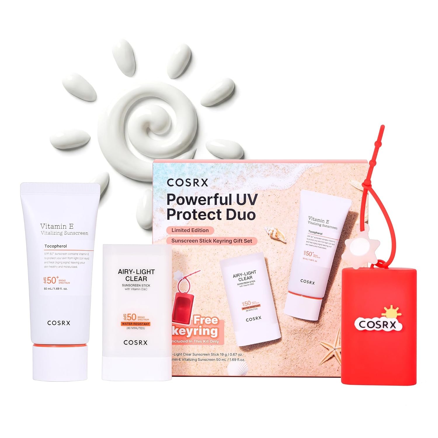 COSRX Vitamin E Sunscreen & Airy Light Clear Sunscreen Stick with Free Keyring, Amazon Exclusive, Korean Sunscreen, Beach Essentials, Summer Travel Essentials, Korean Skin Care Set