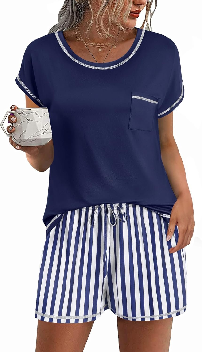 Ekouaer Pajama Set for Women Short Sleeve Tops and Shorts Set 2 Piece Pjs Classic Loungewear with Pockets