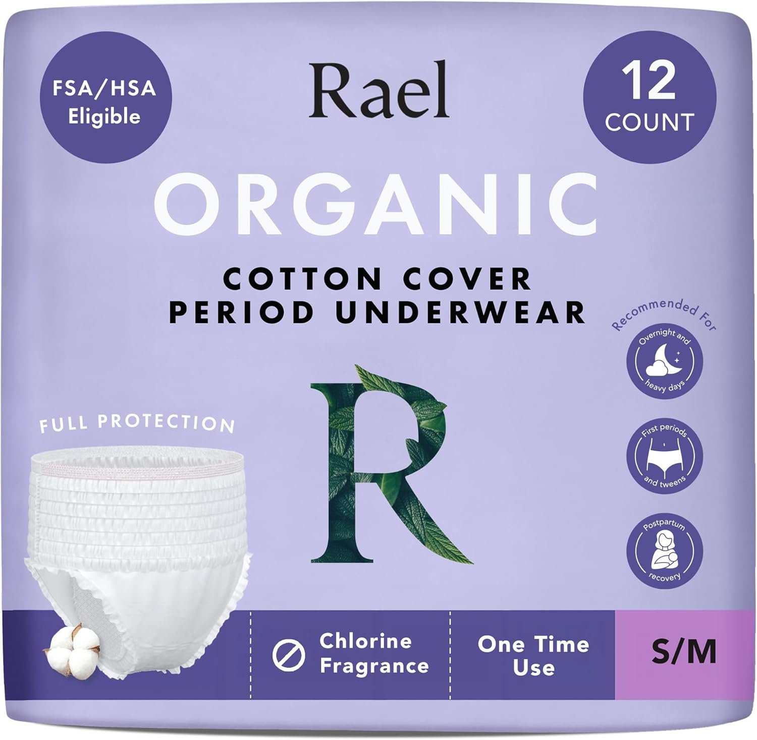 Rael Disposable Underwear for Women, Organic Cotton Cover – Incontinence Pads, Postpartum Essentials, Disposable Underwear, Unscented, Maximum Coverage (Size S-M, 12 Count)