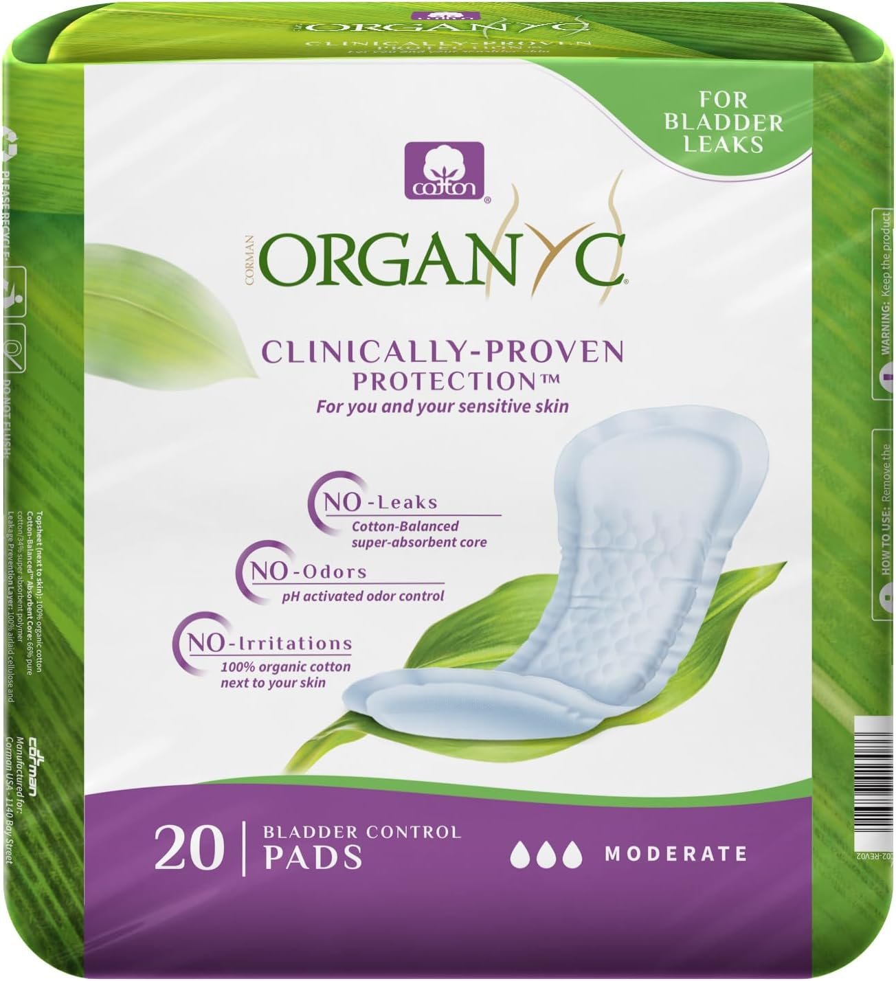 Organyc – 100% Organic Cotton Inside and Out Incontinence Pads for Bladder Leaks – Certified Odor Control, FSA/HSA Eligible, Moderate Flow, Regular Absorbency, 20 Count…