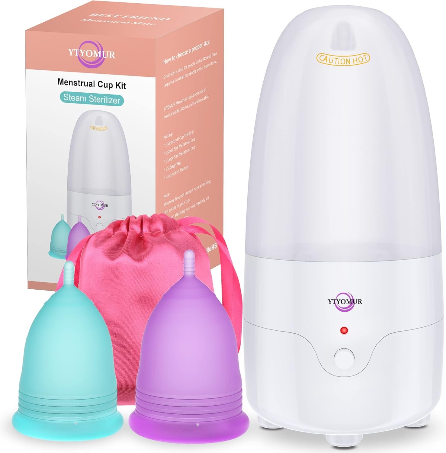YTYOMUR Menstrual Cup Steamer Sterilizer with 2 Reusable Menstrual Cups, Upgraded Period Cups Cleaner Wash Kit