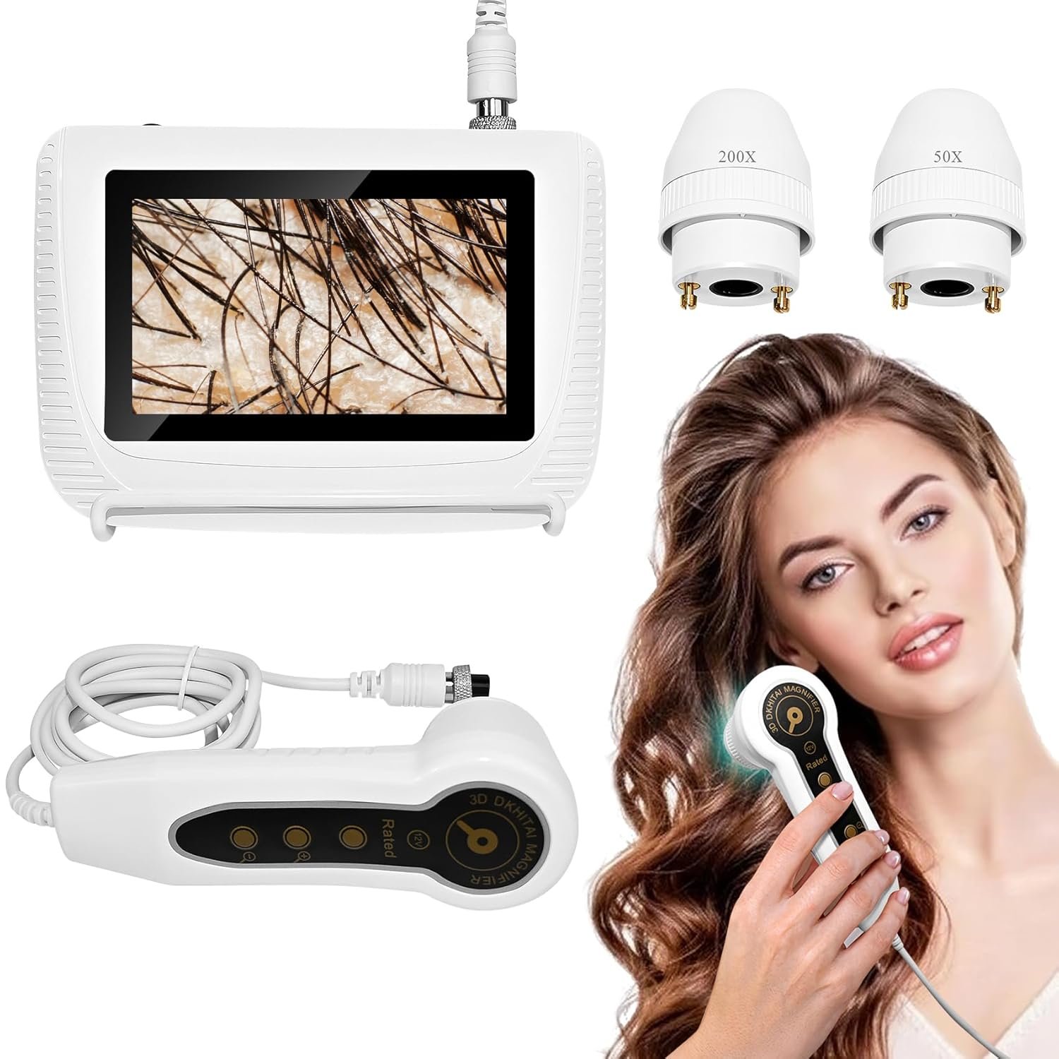 Skin Hair Analyzer, Professional Digital Scalp Analysis Machine with 50x/200x Lenses, Microscope Scanner for Skin Detector, Rechargeable, 5 Inch High-Definition Lcd Display