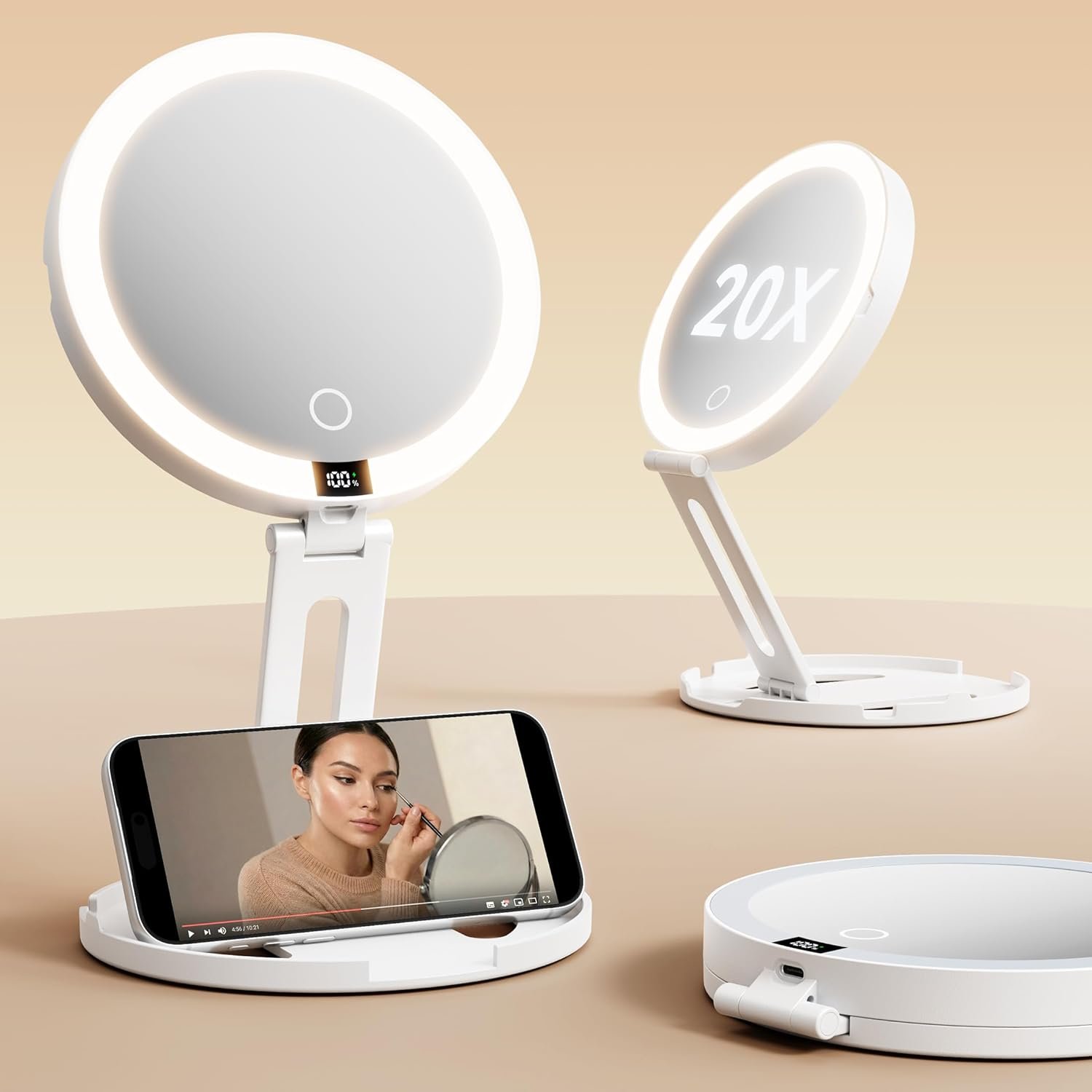 Travel Makeup Mirror with Lights (Gen 3) – 20X/1X Dual Sided Magnifying Mirror with Digital Power Display – Rechargeable, 3 Color Dimmable, CRI 95+ – Portable Folding Mirror for Desk & Travel