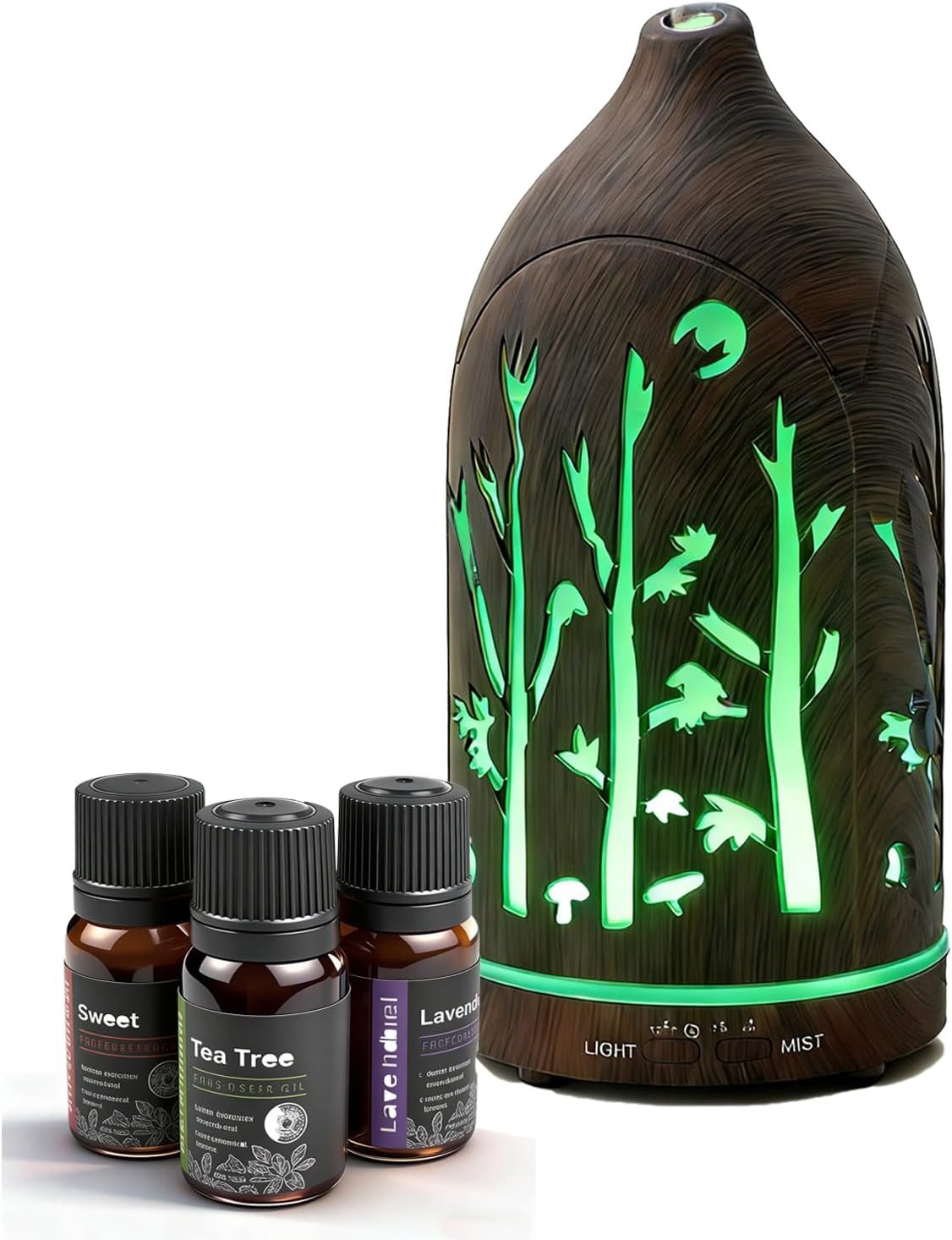 Essential Oil Diffuser,7.1”x3.5” Air Diffusers with 3 Aromatherapy Oils Set,Small 200ml Humidifier with 7 LED Colors Lights,Waterless Auto-Off for Desk Office Home Decor Gift(Tree Dark Wood Grain)