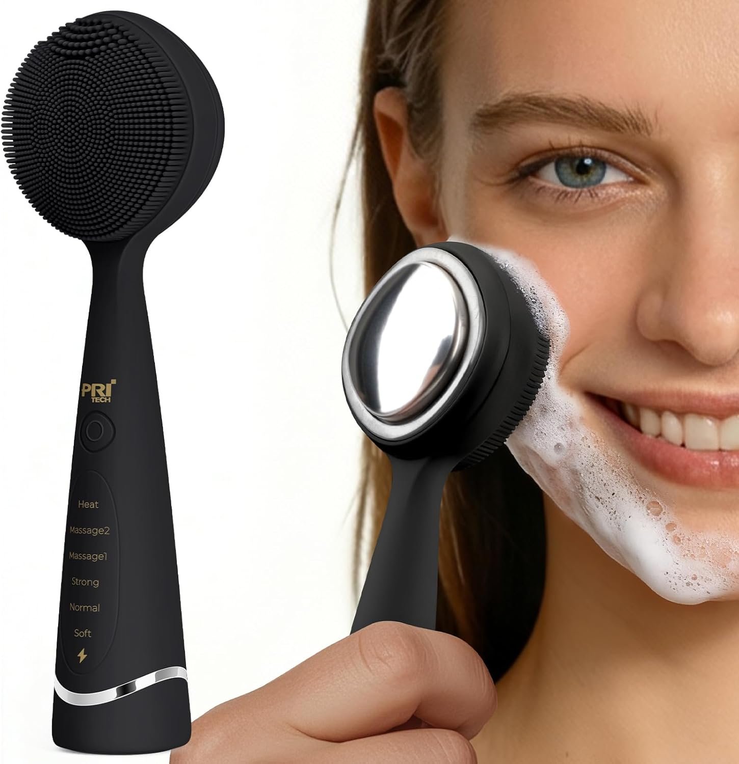 PRITECH Facial Cleansing Brush with 42° Constant‑Temperature Heating – Rechargeable Silicone Face Scrubber for Deep Pore Cleaning, Waterproof Vibrating Exfoliator for Women & Men (Black)