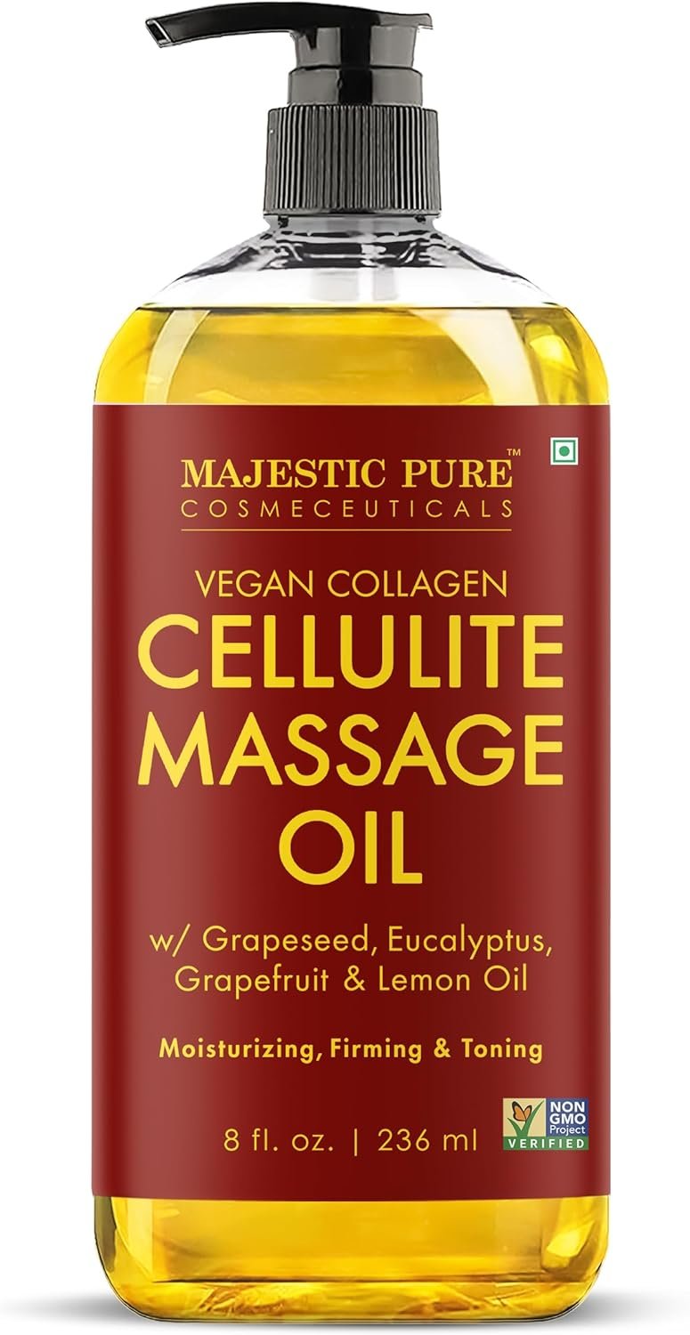 Majestic Pure Firming Body Massage Oil- Helps Smooth the Appearance of Cellulite & Improve Skin Texture- Natural Oils with Collagen- Refreshing Aromatherapy Body Oil for Legs & Full Body – 8 fl oz