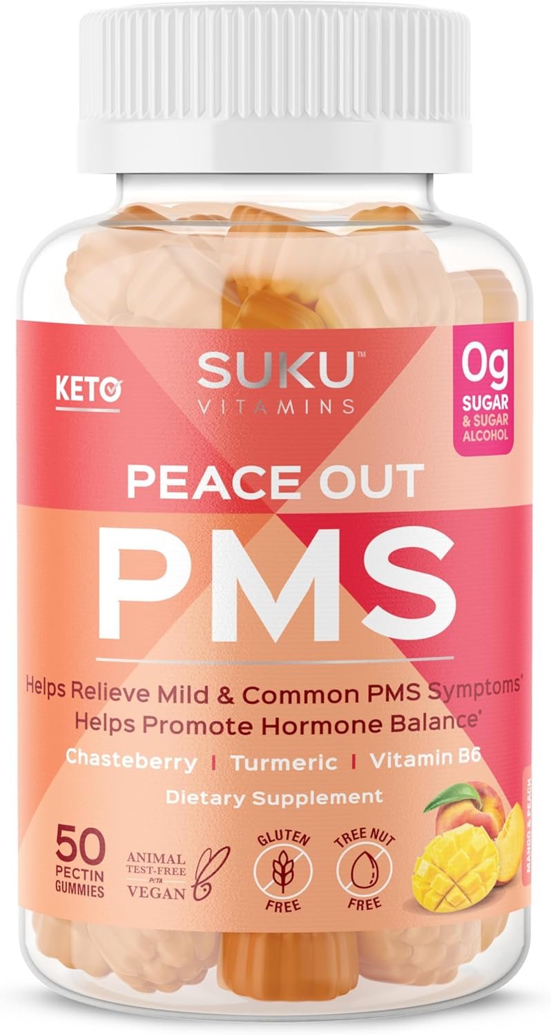SUKU Vitamins – PMS Gummy Supplement with Chasteberry to Relieve PMS and Menopause Peach Mango Gummies (50 Count)
