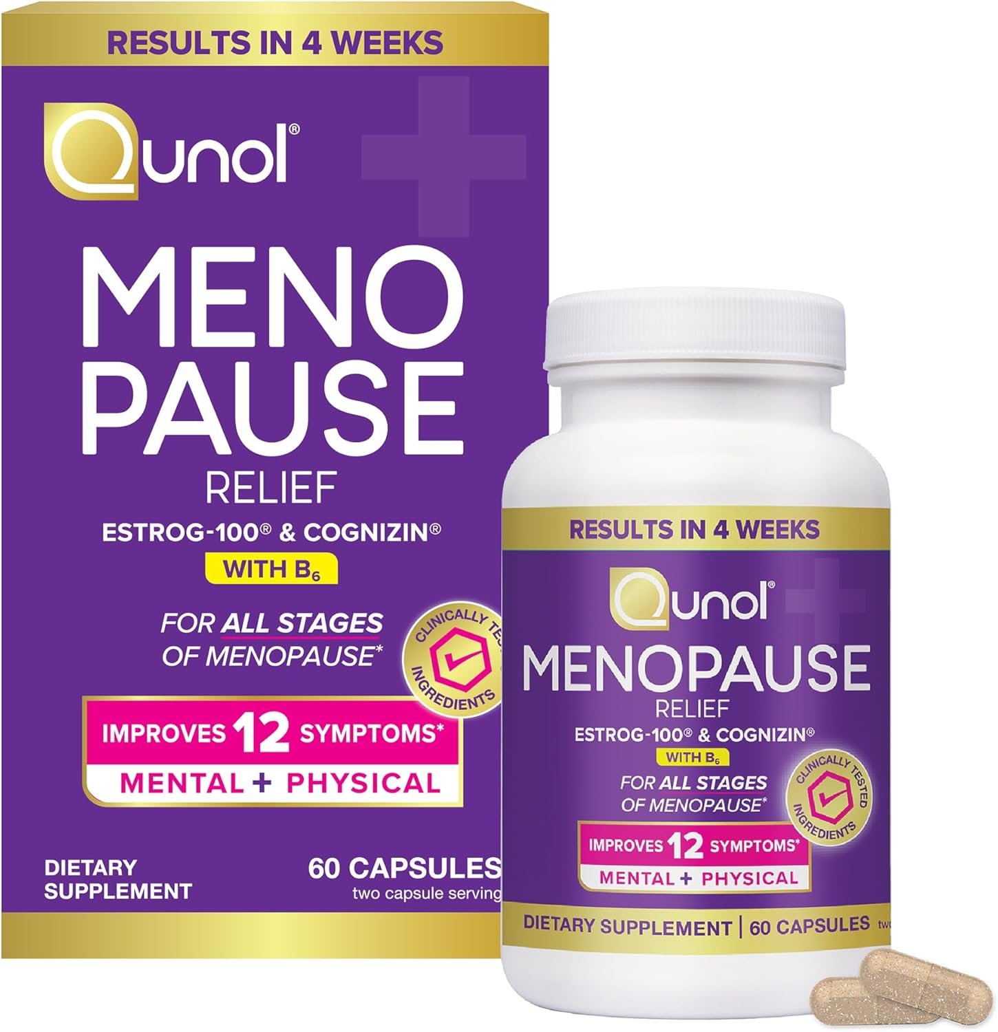 Qunol Menopause Relief Capsules, Peri to Post, Results in 4 Weeks, Hormone Free Support for Fatigue, Brain Fog, Hot Flashes, Night Sweats, Mood Swings & Sleep Disturbances, Plus Vitamin B6, 60 Count